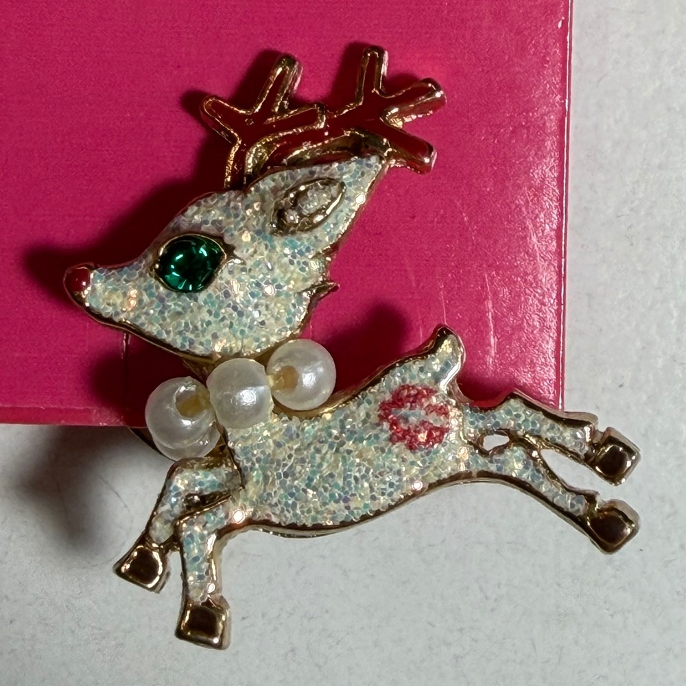 Betsey Johnson Vintage Christmas Reindeer Pin Glitter Faux Pearl Kiss Mark Gold
